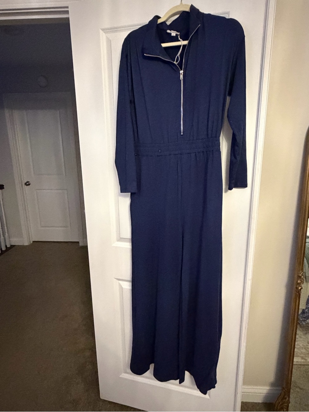 Savrae Navy Quarter Zip Wide Leg Jumpsuit Size L NWOT